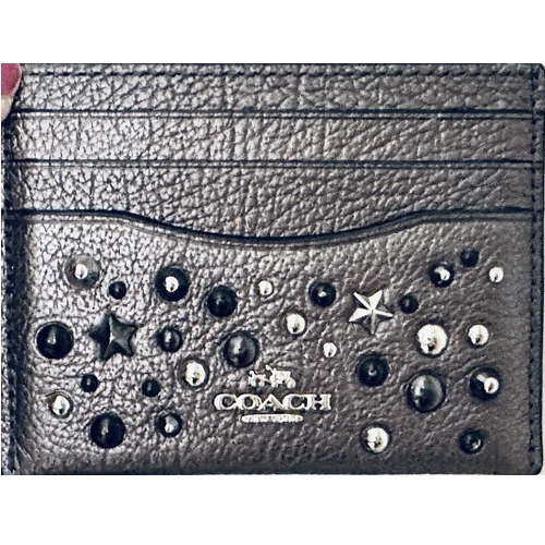 Estuche para tarjetas Coach gris metálico estrellas tachuelas remaches cuero 49453 Foto 1 de 1