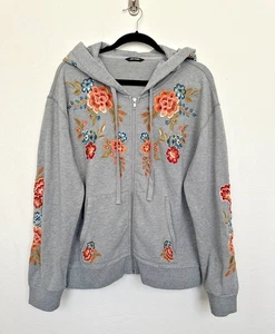 Driftwood Floral Embroidered Jacket Full Zip Sweatshirt Gray Women's XL X-Large - Picture 1 of 9