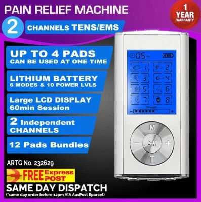 Dual Channel TENS Machine Unit Body Pain Relief Massager Device +8 Pads Physio - image 1 of 4