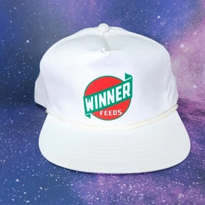 Vintage Trucker Hat Cap Snapback Rope Winner Feeds White Rare Nice Shape - Picture 1 of 9