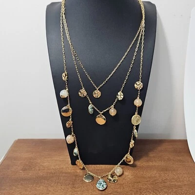 Collar Talbots 3 Hilos Tono Dorado Cuelga Dije Vidrio 32" Foto 1 de 4