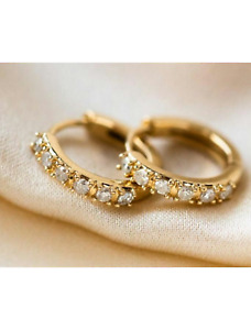 14K Oro Macizo Diamante Huggie Aro Pendiente de Minimalista para Mujer