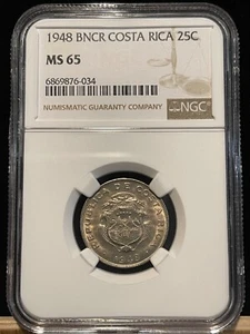 COSTA RICA 25 Centimos 1948, NGC MS 65 Gem UNC Uncirculated, Fully Lustrous. A2 - Picture 1 of 2