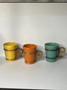 Vintage BAUER Pottery Ringware 6 oz tumblers w/ wood & copper handles Set of 3  - Picture 1 of 7