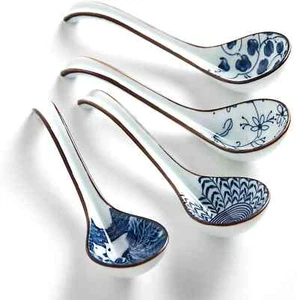 Soup Spoons Set of 4,Asian Soup Spoon Ceramic Ramen Spoons, Japanese Soup Spoon - Picture 1 of 9