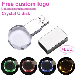 Crystal USB Flash Drive 128GB Blue LED Memory Stick Free Customized Logo Storage - Afbeelding 1 van 18