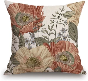 Vintage Flowers Pillow Cover Rustic Cotton Linen Decorative Square Throw Pillow - Picture 1 of 4