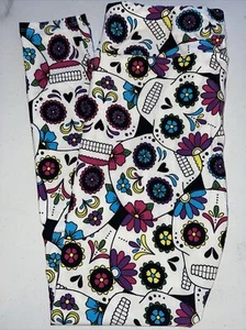 NWT LuLaRoe TC (12-18) White Beautiful Floral Sugar Skulls Halloween Leggings - Picture 1 of 10