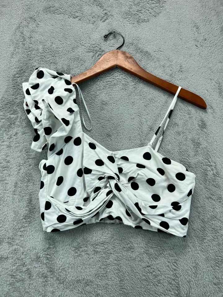H&M Crop Top Bandeau Womens 6 White Black Polka Dot Twist One Ruffle Sleeve - Image 1 of 4