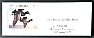 1985 Michigan "Hunter" Duck Stamp, #MI10, Ring-necked Ducks, "Last Serial No." - Picture 1 of 2
