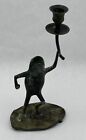 Metal Brass Green Standing Frog Single Candle Holder Lily Pad 10&quot;