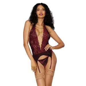 Dreamgirl Lingerie Lace and Stretch Velvet Garter Slip and G-string Set Burgu... - Picture 1 of 5