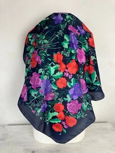 Vintage Neck Scarf Head Scarf Blue Floral Print Square Shape 80s - Picture 1 of 5