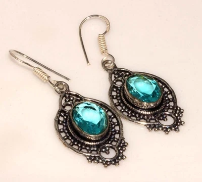925 Silver Plated Blue Topaz Ethnic Earrings Handmade Jewelry Size 1.8" JW - Image 1 of 3