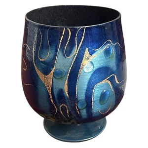 Jarrón jardinera vintage Sascha Brastoff esmalte sobre cobre azul dorado firmada 7,5" - Imagen 1 de 9