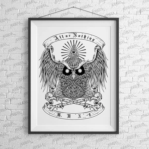 Dark Owl Art Print - Tattoo, Office, Alt, Alternative, illustration, Cute, retro - Picture 1 of 3