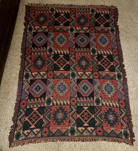 Vintage Goodwin Weavers Überwurf Decke Wandteppich Azteken Südwesten 100 % Baumwolle Fransen USA - Bild 1 von 15