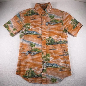 Reyn Spooner Shirt Mens S Orange Surf Spots Hawaiian Button Short Sleeve - Picture 1 of 6