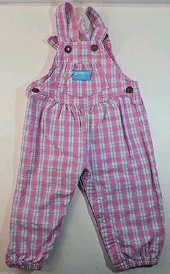 Vintage Kids Overalls OshKosh Size 24M 80s Pink White Plaid Vestbak Made USA  - Image 1 of 4