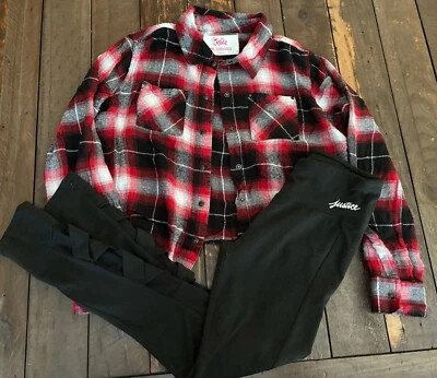 Justice Girls Talla 10 Rojo Franela a Cuadros Cortada con Leggings Activos Negros 3 Foto 1 de 4