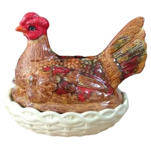 Hen On Nest Country Farm Basket Weave Mottled Glaze Chicken Dish vintage Ceramic - Picture 1 of 23