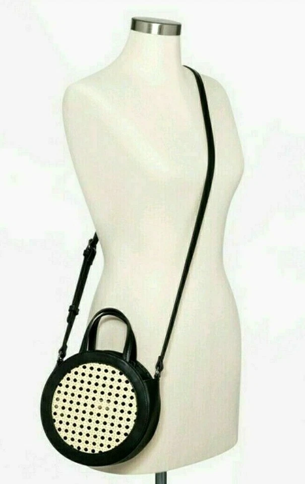 Crossbody Bag Purse Handbag Round Black Faux Leather Woven Straw Christmas Gift