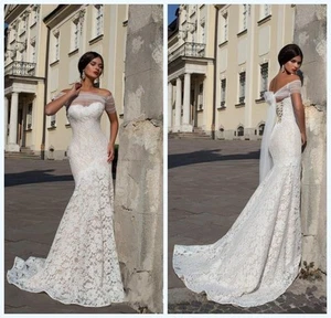 Sheer Off Shoulder Lace Mermaid Wedding Dress White Ivory Champagne Bridal Gown - Picture 1 of 5