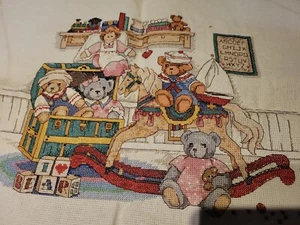 Cross stitched Completed I ❤️ Bears Sampler Rocking horse Angel 18x16 inches - Picture 1 of 7
