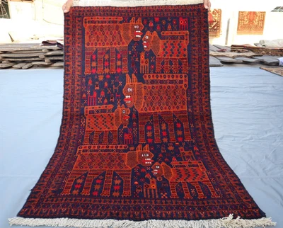 Alfombra León Narrativa Baluchi Afgana 2x4 De Colección - Arte Popular Tribal Diseño Animal Foto 1 de 4