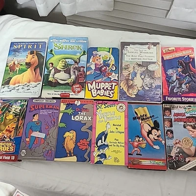 VHS Kids Lot Of 11 Movies Cartoons Seuss Muppet Shrek Spirit Superman Disney  - Image 1 of 4