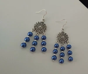 Tibetan Silver Style and Blue Glass Pearl Dangle Earrings Handmade NEW - Picture 1 of 4