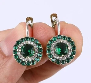 Round Cut Simulated Green Emerald Women's Drop Earring In 14k Yellow Gold Plated - Picture 1 of 4