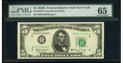 1950E Scarce $5 Federal Reserve Note NY Granahan /Fowler PMG Gem UNC. 65 EPQ 806 - Image 1 of 2