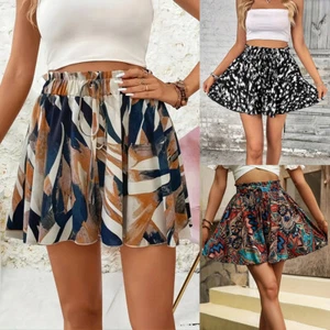 Women Boho Floral Shorts Elasticated Waist Wide Leg Paperbag Summer Hot Pants - Picture 1 of 21
