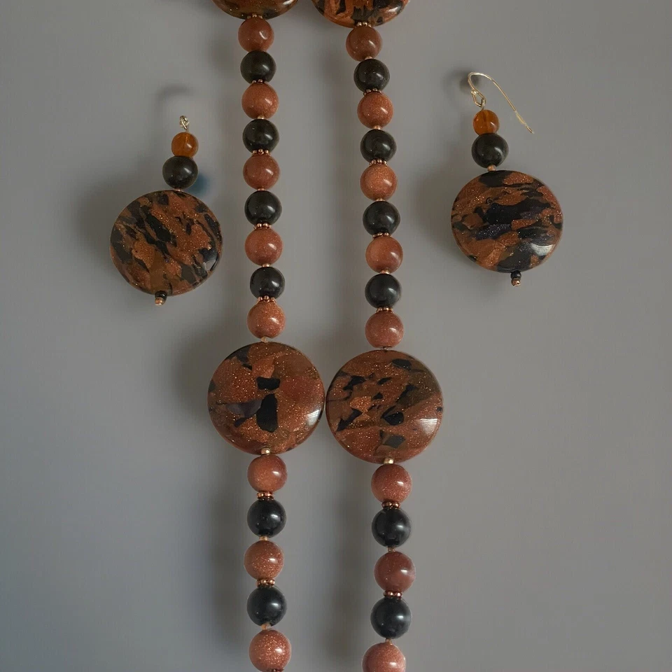 美丽的黑色和棕色金石串珠项链和耳环套装  — 第 1/4 张图片