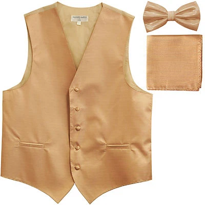 New Men's Horizontal Stripes Tuxedo Vest Waistcoat_bowtie & Hankie Beige formal - Image 1 of 4