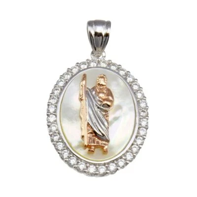 Argento Sterling St. Giuda Bicolore Ovale Medaglione Ciondolo W/Madreperla & Cz - Immagine 1 di 2