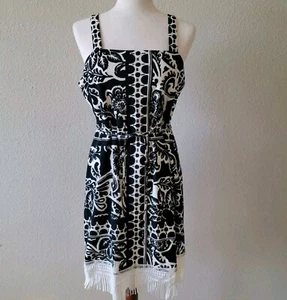 NWT Tahari ASL Stretchy Fringe Mini Dress Black White Adjustable Strapes Size 14 - Picture 1 of 14
