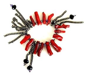 Hand Made One of a Kind RED Coral Bracelet With chains Varvar retro fun 