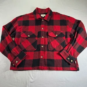 Brixton Bowery Womens Smal Cropped Red Black Buffalo Plaid Flannel Shirt Shacket - Picture 1 of 8
