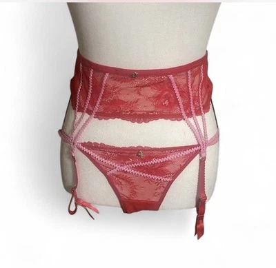 Adore Me Suki Panty/Garter Set Sz S Red/Pink Lace Straps Feminine Bikini - Image 1 of 4