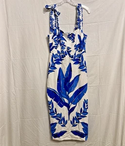 NEW CALYPSO ST BARTH Linen Beaded Strap Leaf Print White Blue Midi Dress Sz S - Picture 1 of 11