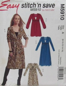 McCalls 5910 Womens 8-16 EASY Pullover Empire V-Neck Dress Midi Maxi Pattern UNC - Picture 1 of 2