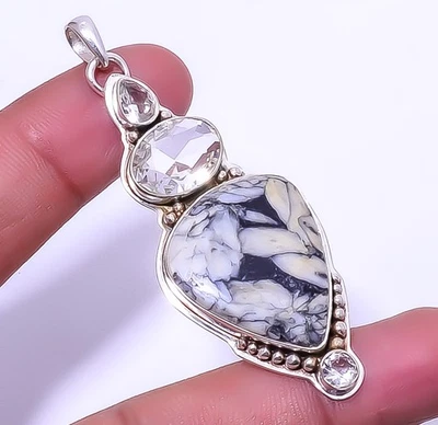 Pingente de prata esterlina 925 pinolito jaspe e topázio branco 2,73" P583-37 - Imagem 1 de 4