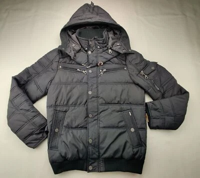 Abrigo acolchado Three Masters para hombre M negro con cremallera completa/a presión capucha desmontada manga larga Foto 1 de 4