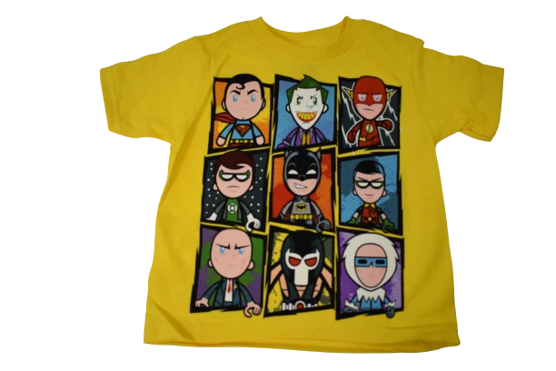 DC 漫画蹒跚学步的超人、蝙蝠侠、小丑、罗宾、闪电侠、莱克斯·路德衬衫全新 2T — 第 1/1 张图片