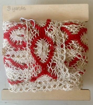 Borde de encaje vintage de ganchillo festoneado marfil/rojo de 3 yardas Foto 1 de 3
