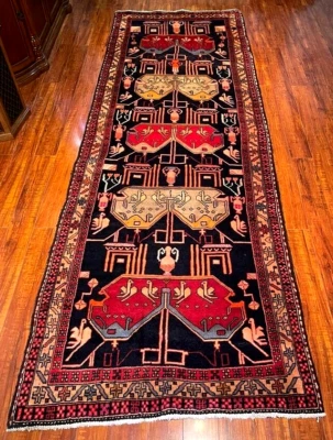 Exquisito Corredor Anudado Vintage Años 60 Auténtico Como Nuevo Hecho a Mano 10' x 4' ft Foto 1 de 4