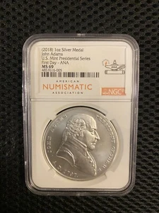 2018 1 OZ Silver Medal John Adams First Day ANA MS69 NGC - Picture 1 of 2