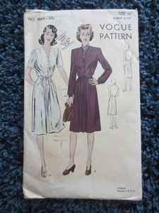 Vtg 40s Vogue DRESS Sewing Pattern 9666 Scalloped Finish, Pockets Sz 14 Bust 32 - Picture 1 of 6